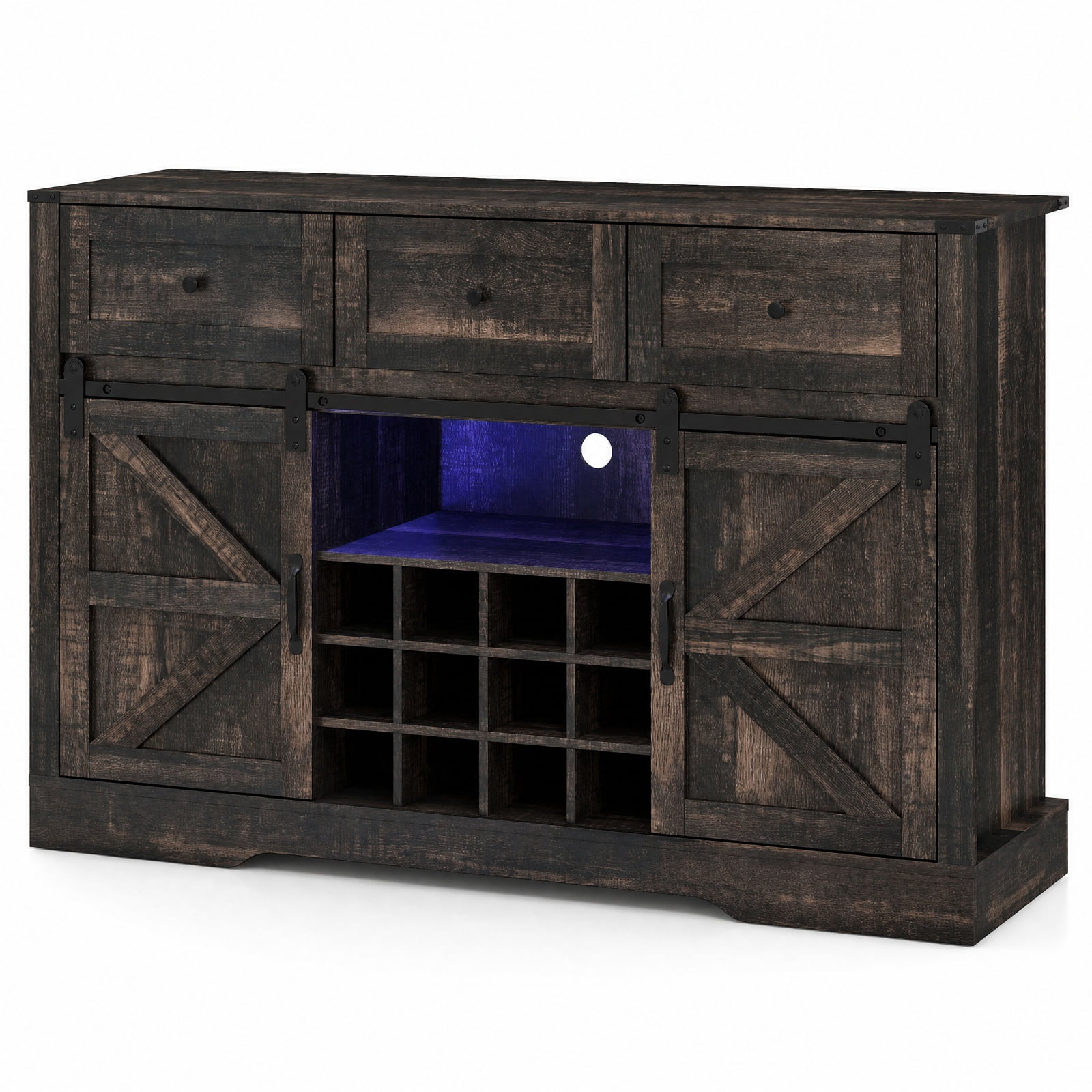 Furnibear 52 Inches Wine Bar Cabinet with LED Lights and Sliding Barn Doors for Living Room Kitchen Dining Home Bar Wine Storage, Black