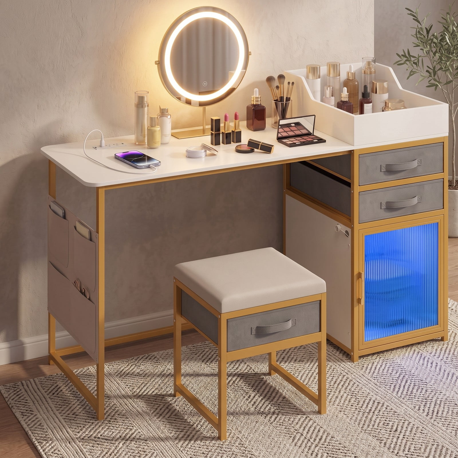 Furnibear Vanity Desk with Rotatable Lighted Mirror, 55 Inch Makeup Vanity Table Set with Charging Station and Padded Stool, White
