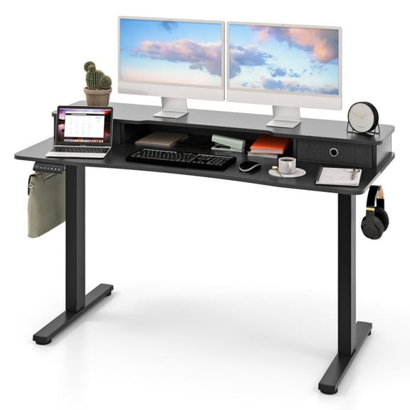 Furnibear 55 Inch x 24 Inch Height Adjustable Electric Standing Desk with 2 Drawers, Dark