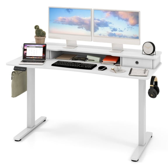 Furnibear 55 Inch x 24 Inch Height Adjustable Electric Standing Desk with 2 Drawers, White