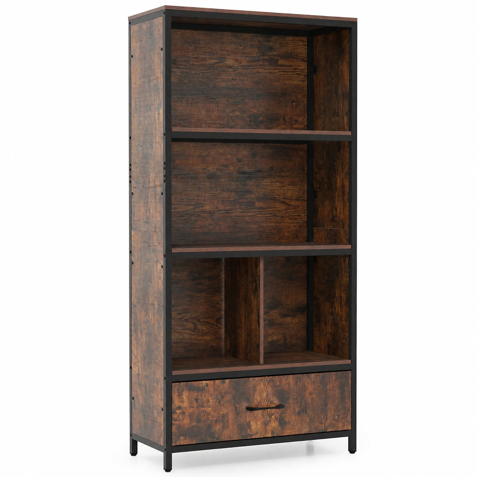 Furnibear 56" Tall Freestanding Bookcase with Drawer 5 Tier-RusticBrown for Living Room Home Office Bedroom Display Storage Shelf, Coffee