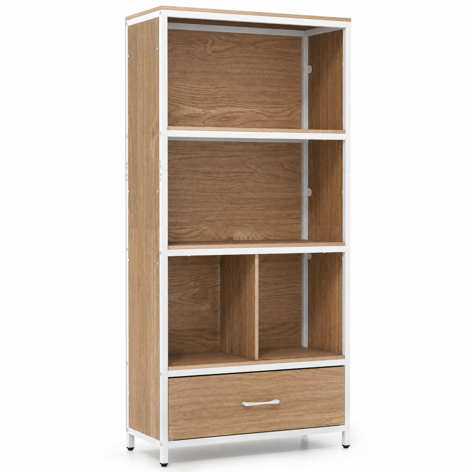 Furnibear 56" Tall Freestanding Bookcase with Drawer 5 Tier for Living Room Home Office Bedroom Display Storage Shelf, Natural