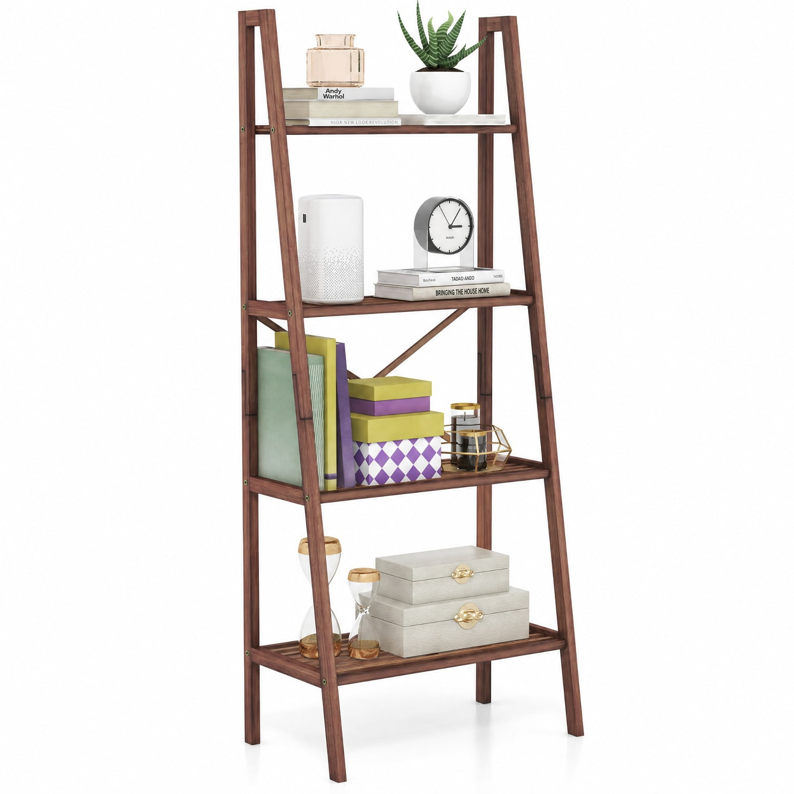 Furnibear 58 Inch 4-Tier Bamboo Ladder Bookshelf for Living Room Home Office Bedroom Display Storage Shelf, Walnut