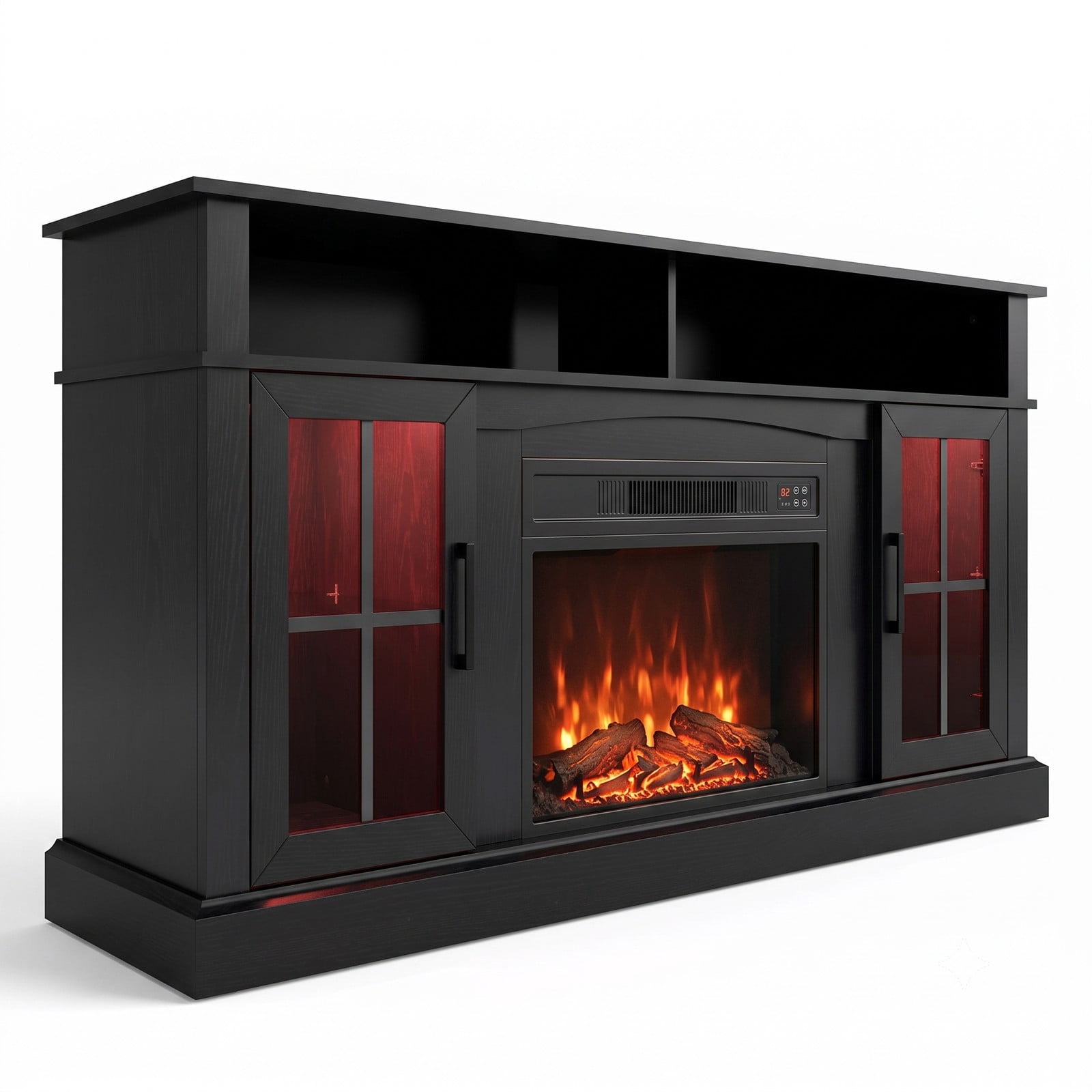 Furnibear 58 Inch Fireplace TV Stand with 4777 BTU Electric Fireplace, RGB LED Lights, Storage Cabinets and Tempered Glass Doors for TVs up to 65 Inch, Living, Black
