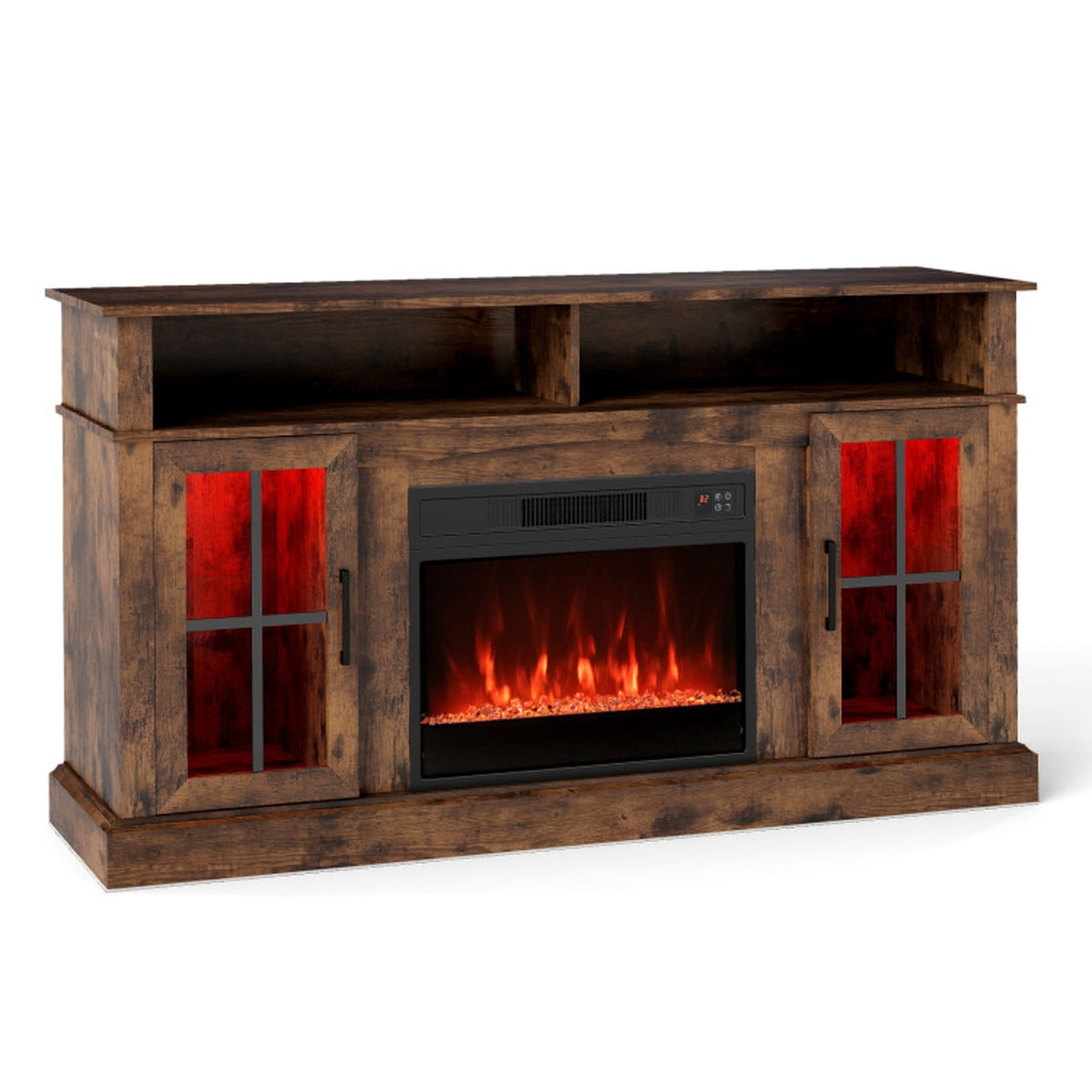 Furnibear 58 Inch Fireplace TV Stand Entertainment Center with LED Lights Storage Cabinets and Tempered Glass Doors for Living Room, Rustic Brown