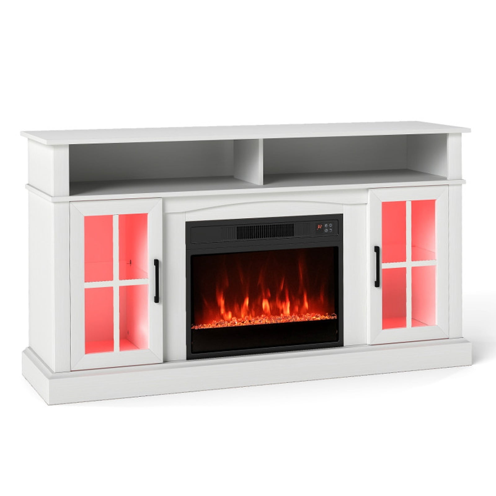 Furnibear 58 Inch Fireplace TV Stand Entertainment Center with LED Lights Storage Cabinets and Tempered Glass Doors for Living Room, White