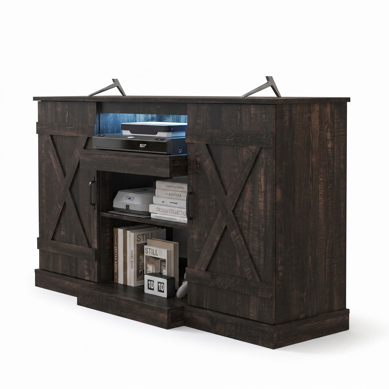 Furnibear 58 Inch Fireplace TV Stand for TVs up to 65 Inch, Rustic Wood Grain Entertainment Center with 20 Color LED Lights, Adjustable Shelves and 2 Cabinets, Brown