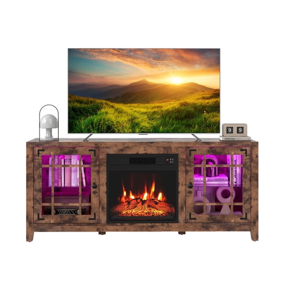 Furnibear 58 Inch Fireplace TV Stand with LED Lights, Electric Fireplace TV Console for TVs up to 65 Inch with 18 Inch Fireplace, Rustic Brown