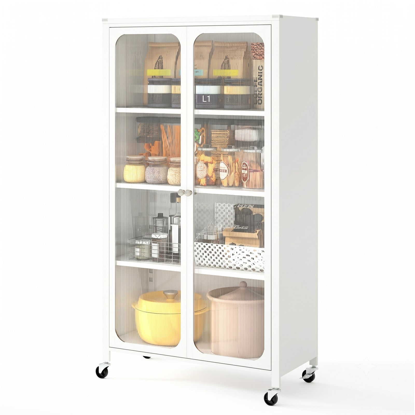 Furnibear 58 Inch Metal Bookcase with Adjustable Shelves, 4-Tier Rolling Storage Cabinet with Lockable Wheels, Transparent Doors and Anti-Tipping Kit for Home, White