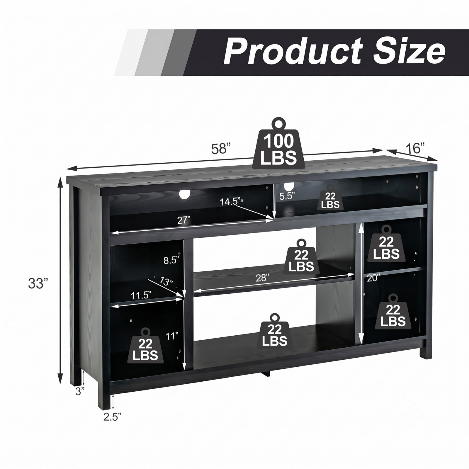 Furnibear 58 Inch TV Stand Entertainment Center Console with Adjustable Open Shelves and Cable Management for TVs up to 65 Inch, Engineered Wood Media Console, Black
