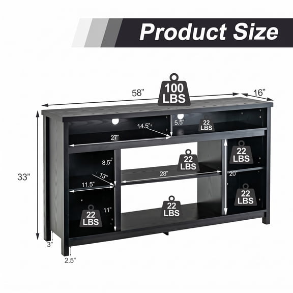 Furnibear 58 Inch TV Stand Entertainment Center Console with Adjustable Open Shelves and Cable Management for TVs up to 65 Inch, Engineered Wood Media Console, Black