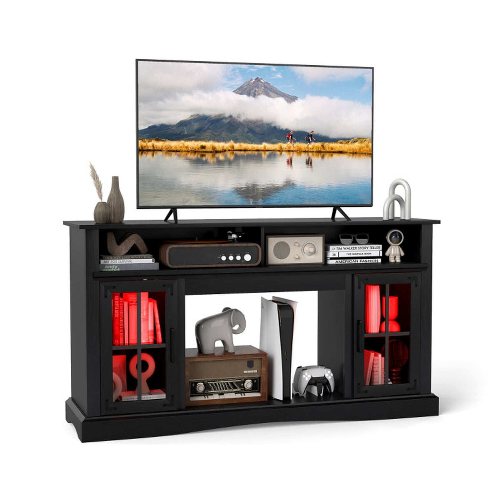 Furnibear 58 Inch TV Stand Entertainment Center with LED Lights and Remote Control Adjustable Shelf and Storage for Living Room, Black