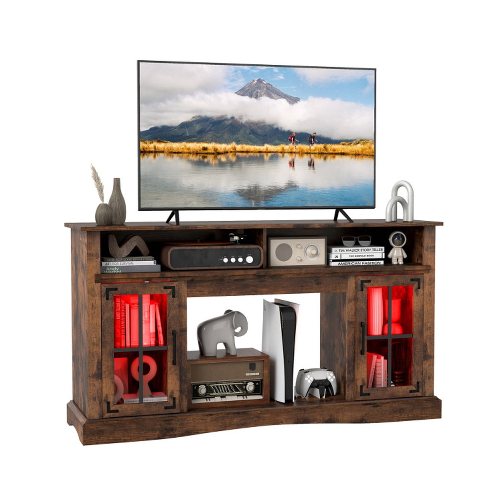 Furnibear 58 Inch TV Stand Entertainment Center with LED Lights and Remote Control Adjustable Shelf and Storage for Living Room, Rustic Brown