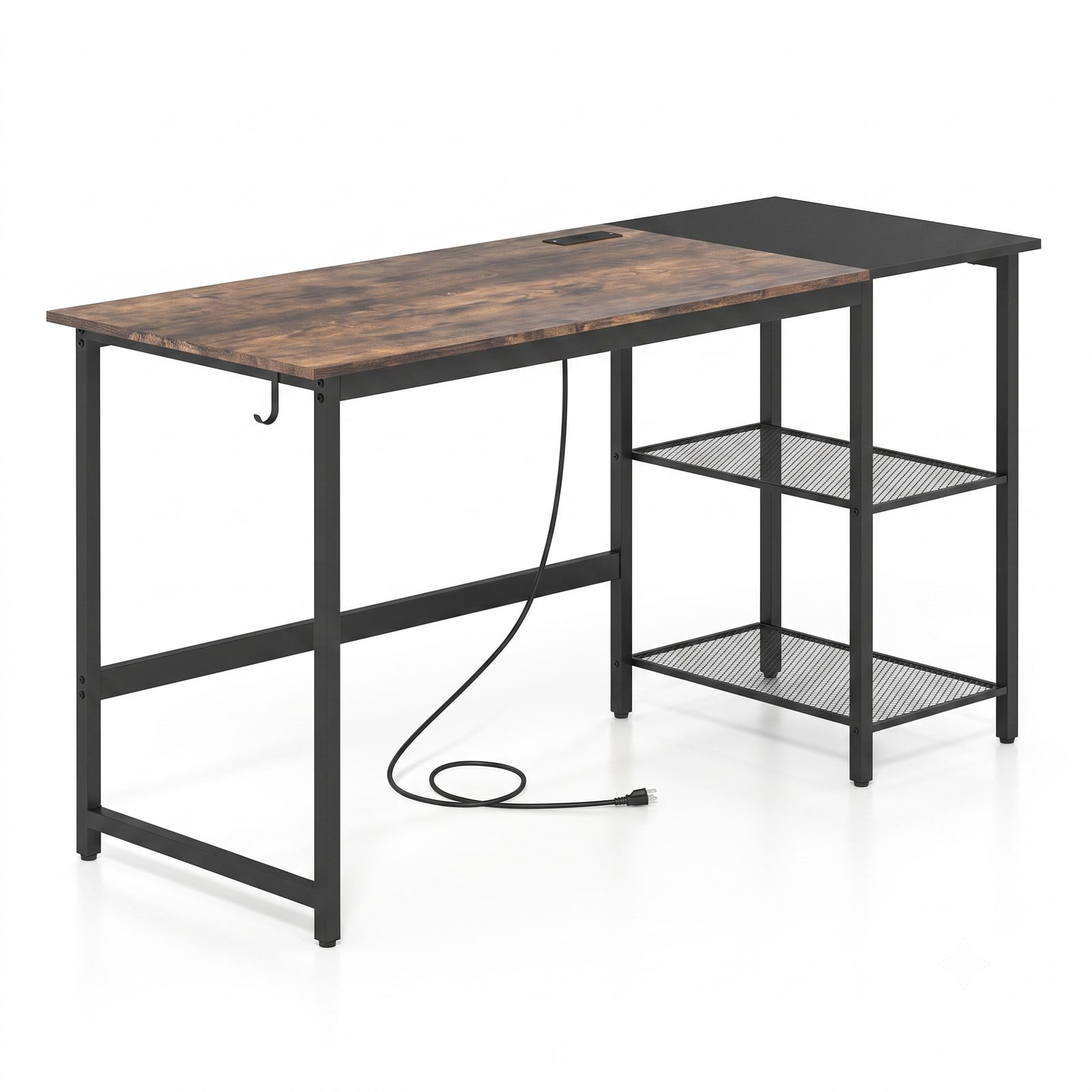 Furnibear 59 Inch Computer Desk with Charging Station, Home Office Writing Desk with 2-Tier Storage Shelves, Metal Frame Study Desk with USB &, Black & Rustic Brown