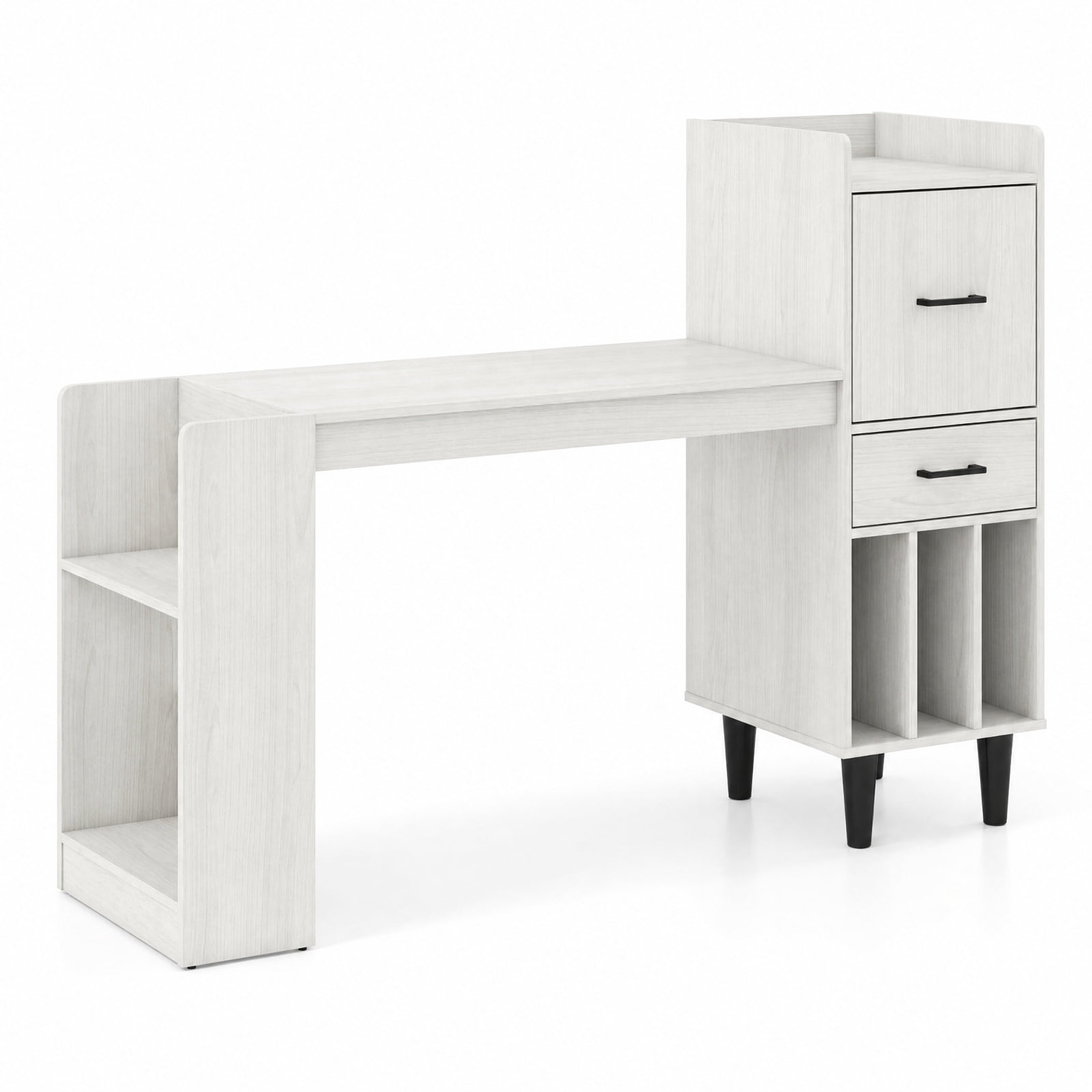 Furnibear 59 Inch Home Office Desk with Side Storage Shelves Drawer and Cabinets for Bedroom Study and Home Work, White Oak