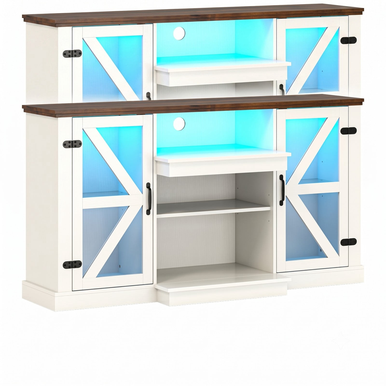 Furnibear 59 Inch LED Media Console Table, Modern TV Stand Entertainment Center with Tempered Glass Doors, 3-Level Adjustable Shelves, 22 Dynamic RGB Light, White