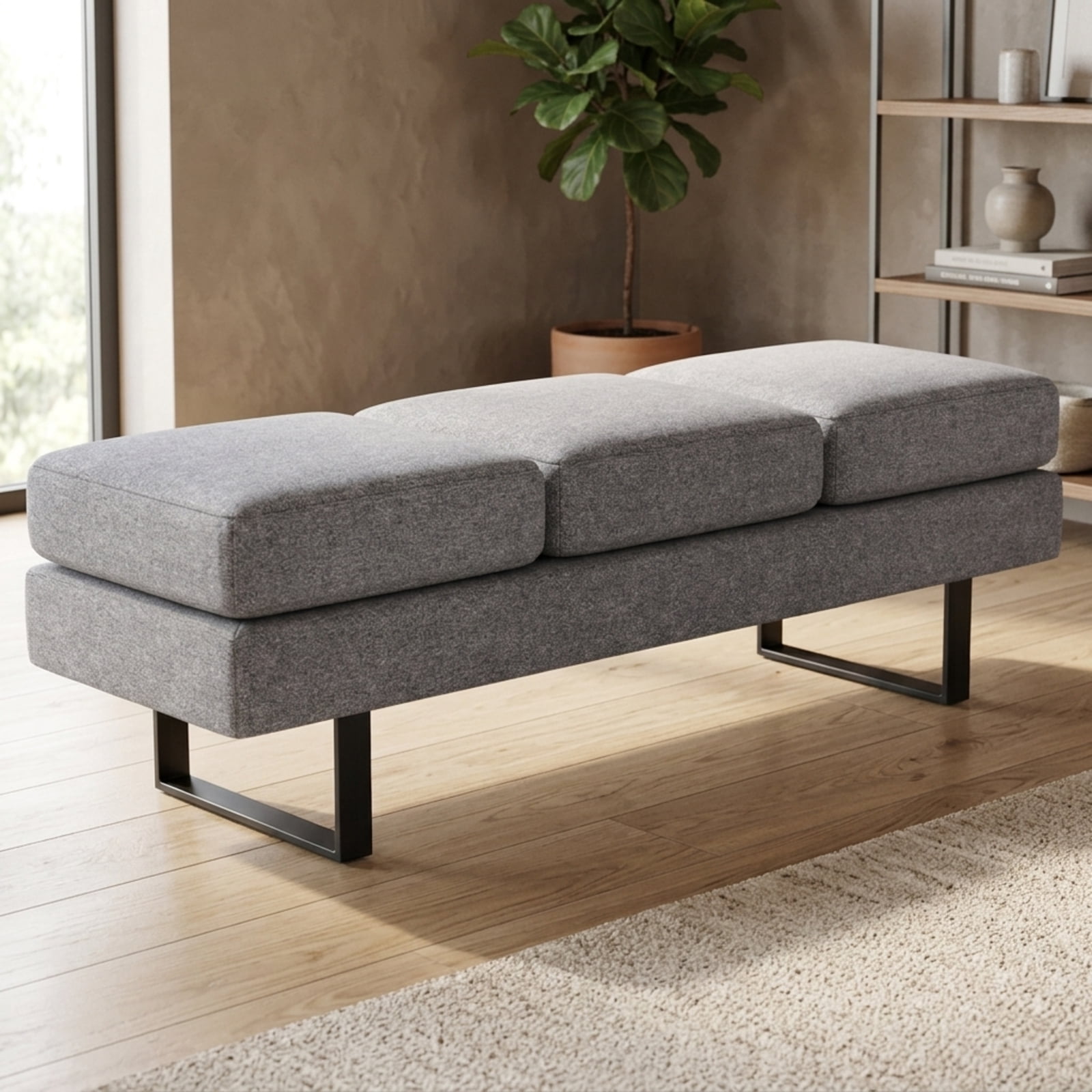 Furnibear 59 Inch Waiting Room Bench with Removable Faux Linen Cushions and Heavy Duty Metal Frame for Reception Office Lobby Long Seating, Gray