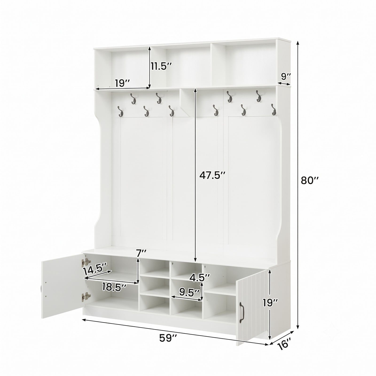 Furnibear 59 Inch Wide 6 in 1 Hall Tree with Bench Multiple Hooks and Shoe Cubby Storage for Mudroom Hallway and Bedroom, White