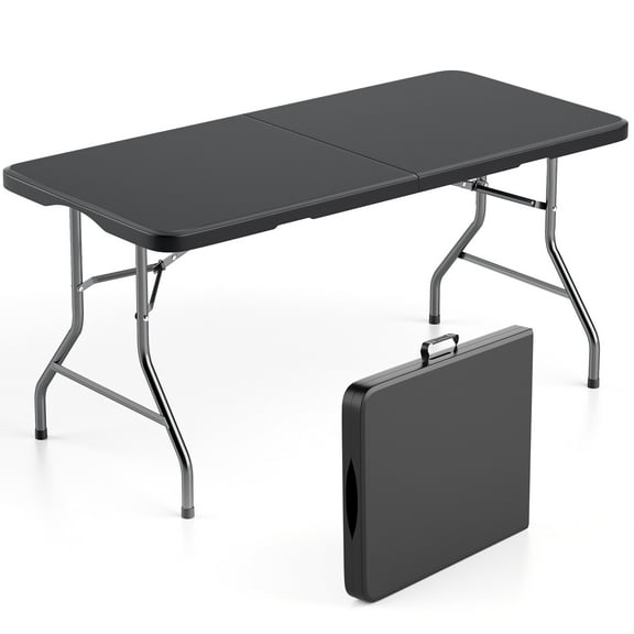 Furnibear 5ft Folding Table Portable Plastic Foldable Table Heavy Duty Rectangular 5 Foot Folding Table for Indoor Outdoor Events, Black
