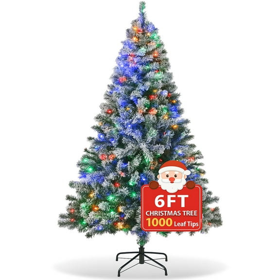 Furnibear 6ft Pre-Lit Flocked Christmas Tree, 821 Tips with 250 Multi-Color Changing LED Lights