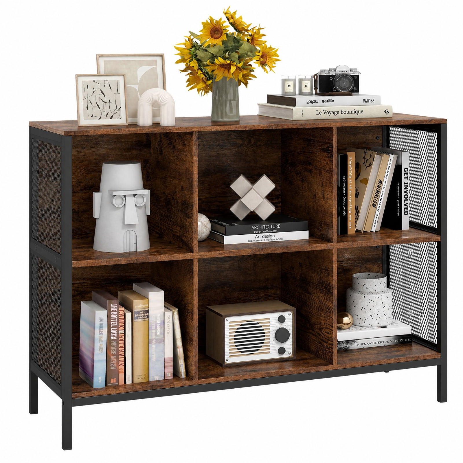 Furnibear 6 Cube Bookcase 42" Wide Horizontal Bookshelf with Accent Cubby Shelf for Living Room Home Office Bedroom Display Storage, Rustic Brown
