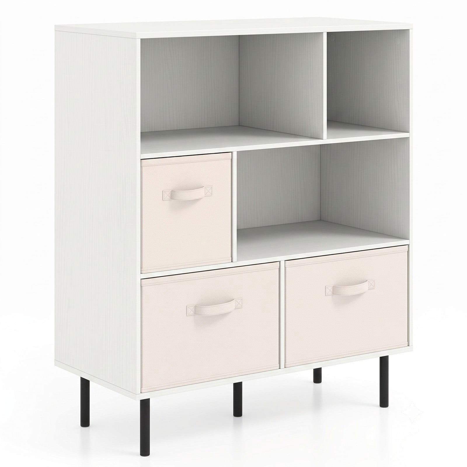 Furnibear 6-Cube Bookshelf with 3 Removable Folding Fabric Drawers, Metal Frame Cube Storage Organizer Bookcase Display Shelf for Living Room Bedroom Home Office, White