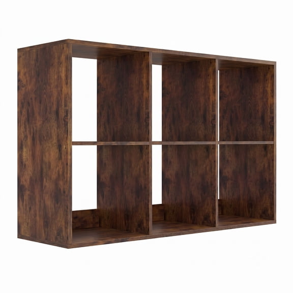 Furnibear 6 Cube Bookshelf, Rustic Brown Wood Cube Storage Organizer with Back Guardrail and Anti-Tip Kit, Freestanding Bookcase for Living Room Bedroom, Rustic Brown