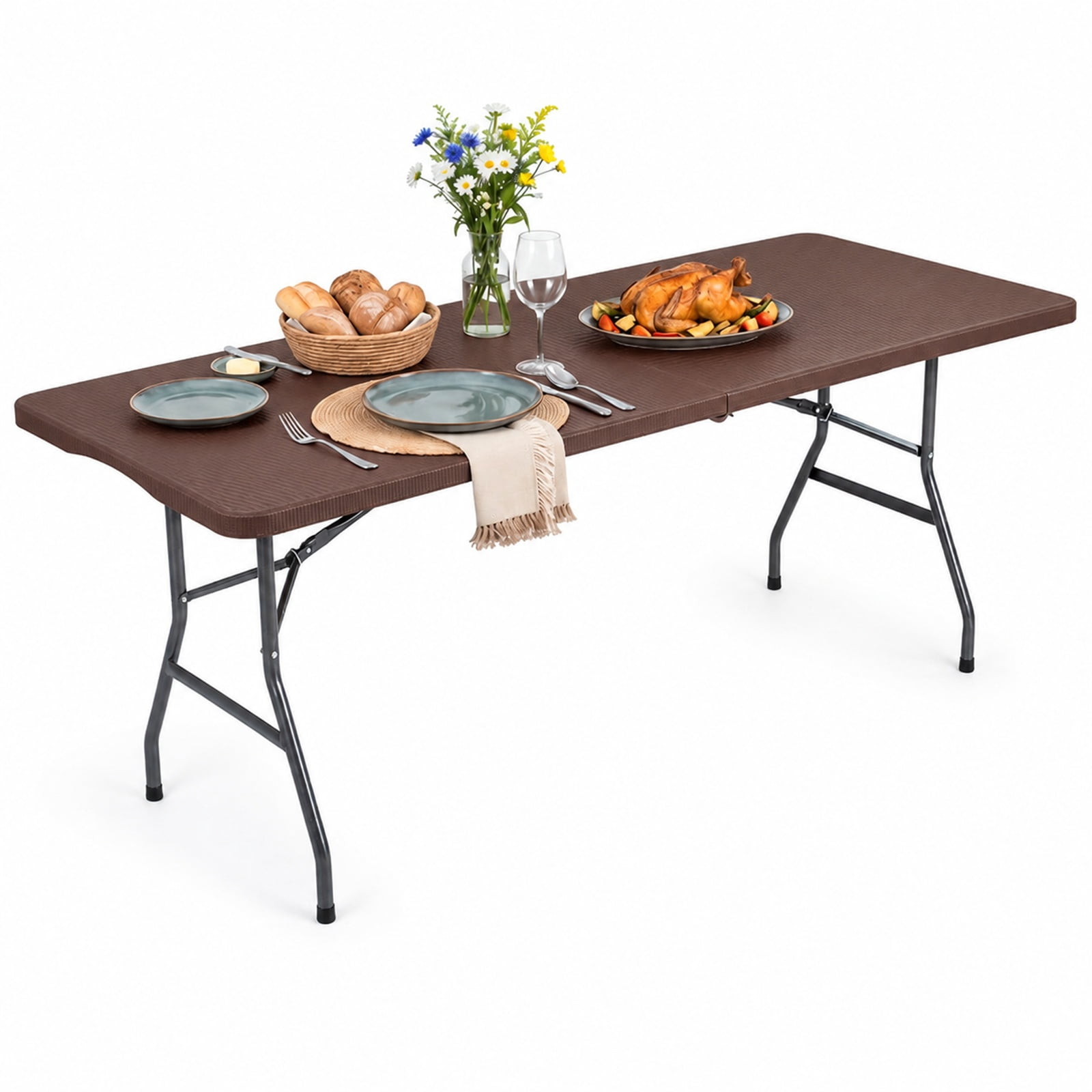Furnibear 6 FT Plastic Fold in Half Camping Table Portable Folding Table with Carry Handle for Party Event Indoor Dining, Brown