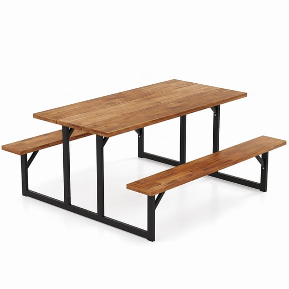 Furnibear 6-Person Acacia Wood Picnic Table with 2 Built-In Benches Umbrella Hole and Metal Frame for Patio Garden and Deck, Brown