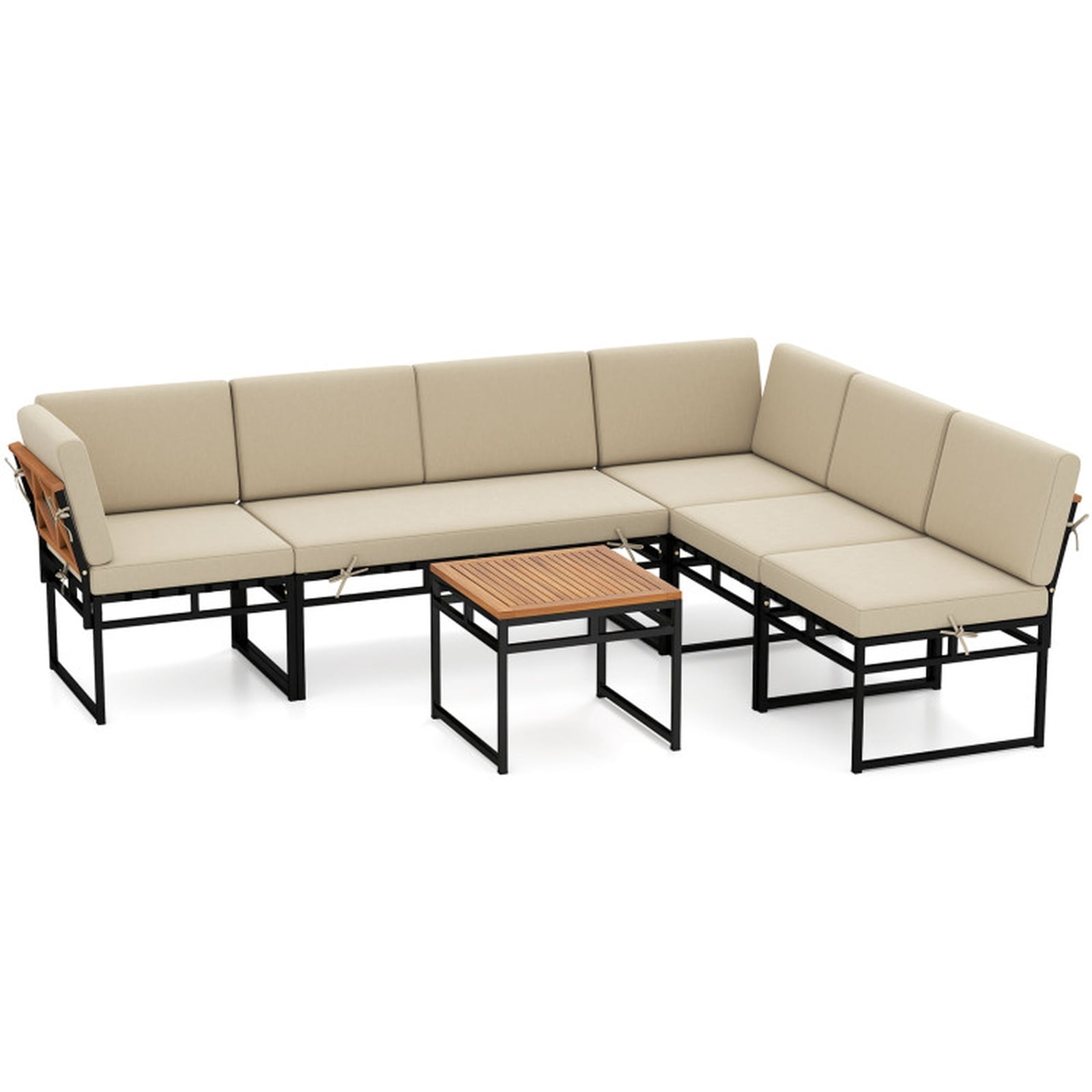 Furnibear 6 Piece Outdoor Sectional Sofa Set Metal Acacia Wood Patio Conversation Set with Cushions and Coffee Table for Backyard Garden, Beige