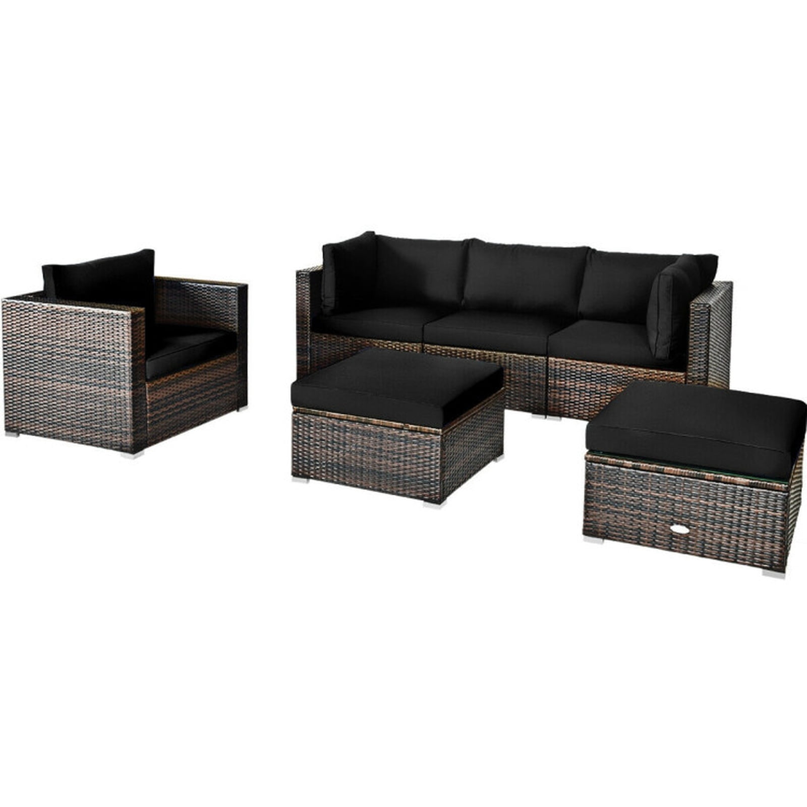 Furnibear 6 Piece Patio Furniture Set Outdoor Sectional Sofa PE Wicker Conversation Set with Glass Table and Cushions for Backyard, Black