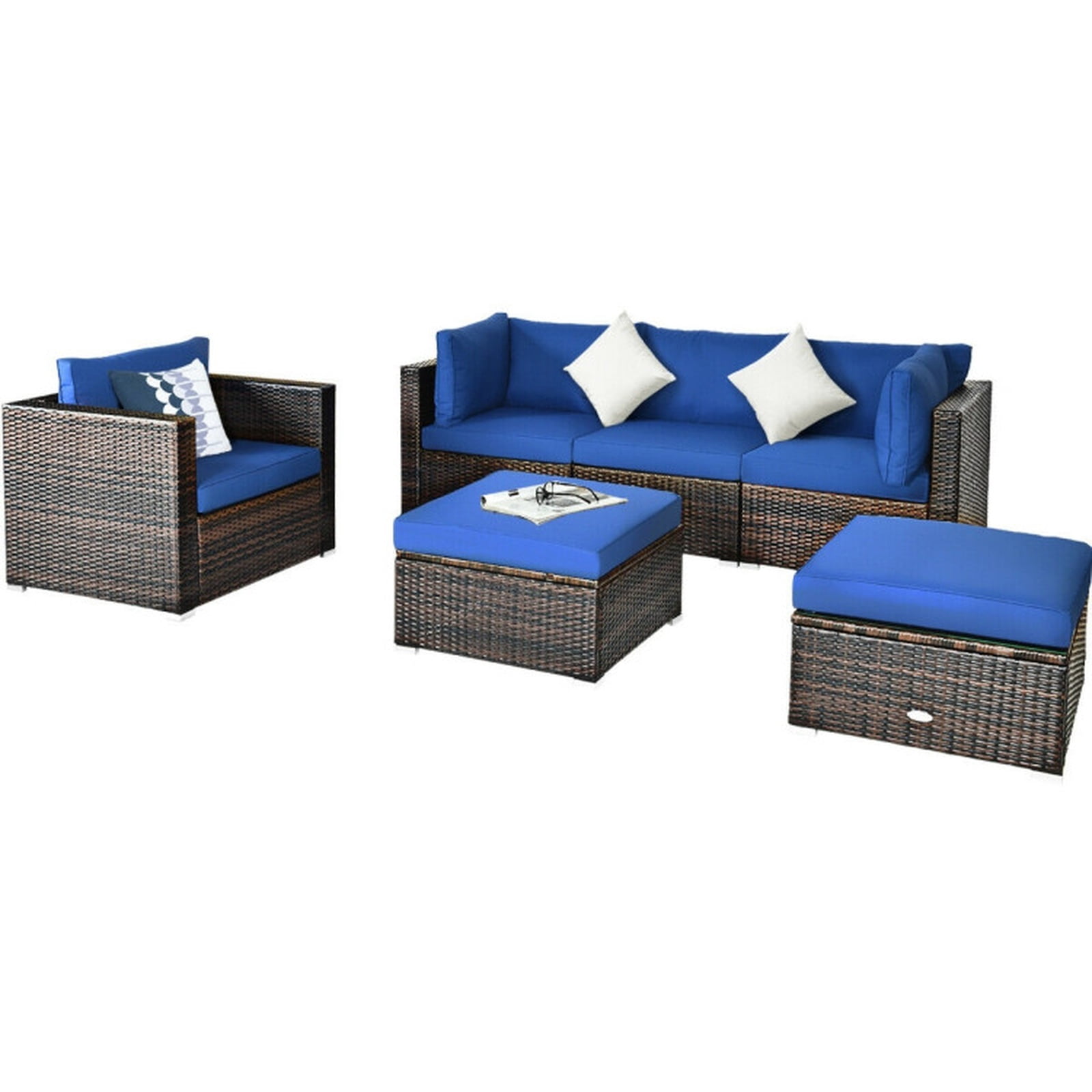 Furnibear 6 Piece Patio Rattan Furniture Set Outdoor Sectional Sofa Conversation Set with Cushions and Glass Table for Backyard Garden, Navy