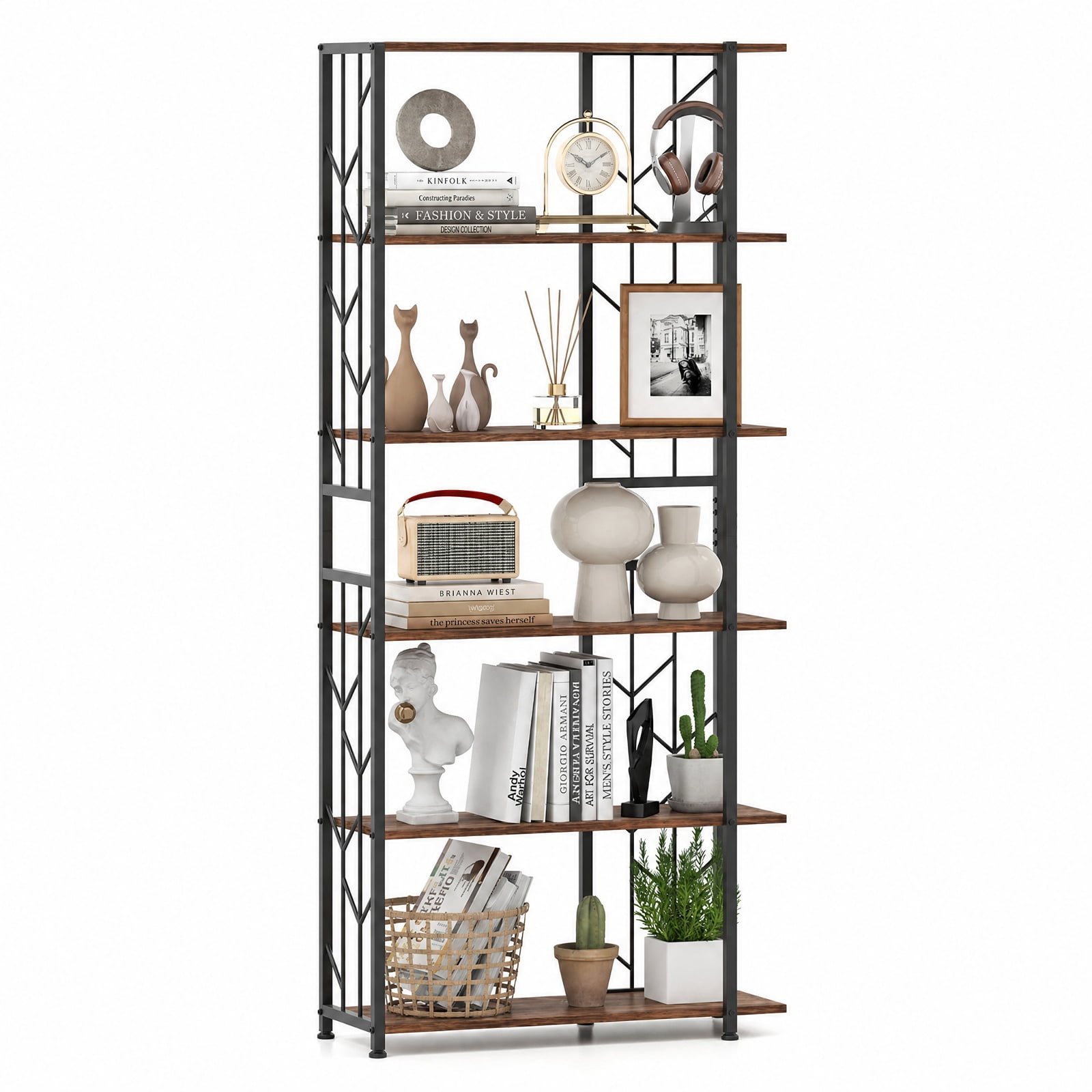 Furnibear 6-Tier Bookshelf Modern Geometric Bookcase with Heavy-duty Metal Frame and Anti-tipping Kits for Living Room Home Office, Rustic Brown