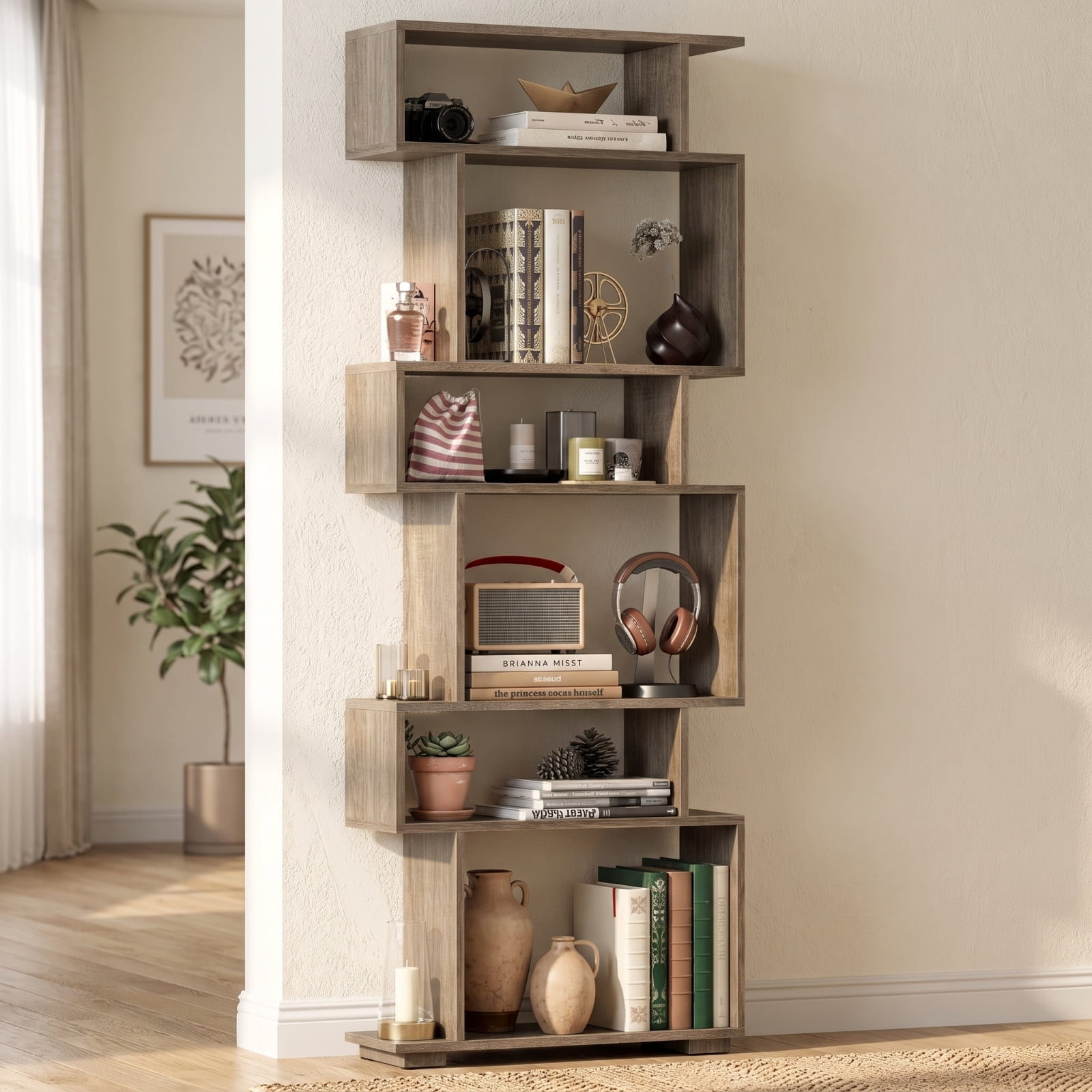 Furnibear 6-Tier Geometric Bookshelf with 2 Anti-Tipping Kits for Home Office for Living Room Home Office Bedroom Display Storage Shelf, Oak