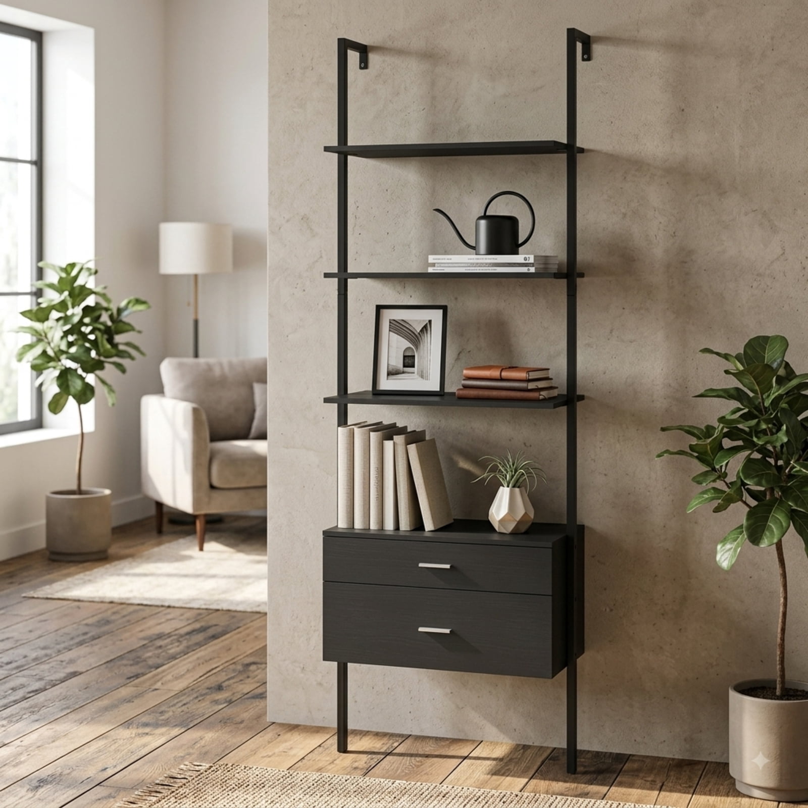 Furnibear 6-Tier Ladder Bookcase with 2 Drawers and Metal Frame for Living Room Home Office Bedroom Display Storage Shelf, Black
