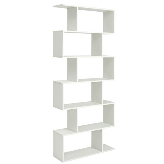 Furnibear 6 Tier S-Shaped Bookshelf Storage Display Bookcase Decor Z-Shelf White, 31.5" x 9" x 75" - Open Storage Display Rack for Home Office
