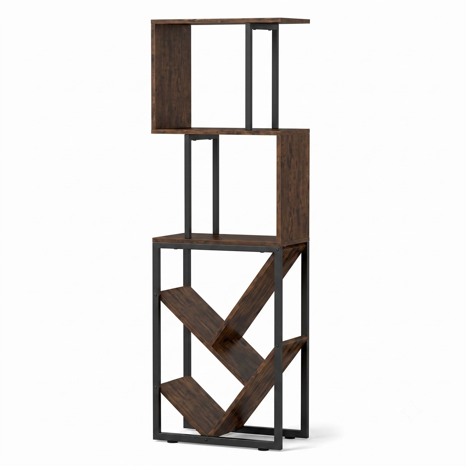 Furnibear 6-Tier S-Shaped Bookshelf, Tree Geometric Bookcase Floor Standing Storage Rack with Open Shelves and Anti-Tip Kit for Living Room, Rustic Brown and Black