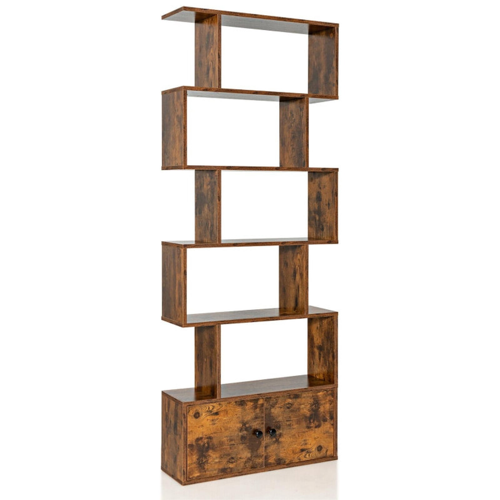 Furnibear 6-Tier S-Shaped Freestanding Bookshelf with 5 Open Shelves and Closed Cabinet Tall Wood Storage for Bedroom and Office, Coffee