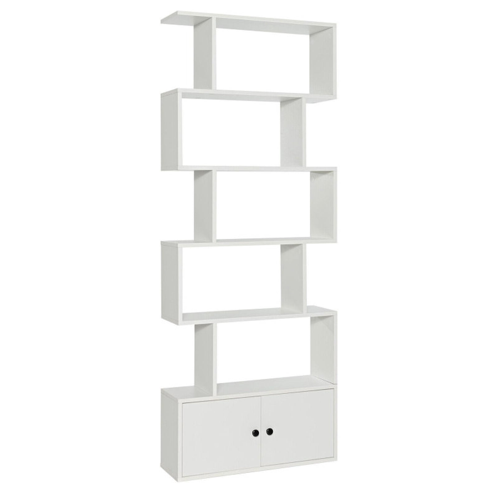 Furnibear 6-Tier S-Shaped Freestanding Bookshelf with 5 Open Shelves and Closed Cabinet Tall Wood Storage for Living Room and Office, White