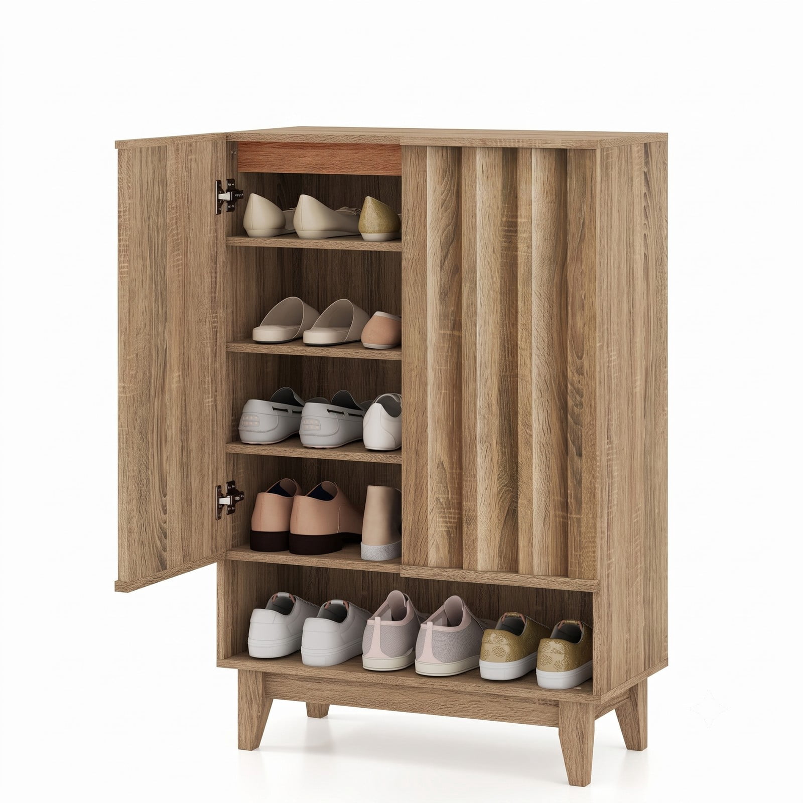 Furnibear 6-Tier Shoe Storage Organizer Cabinet with Louvered Door and 3 Removable Shelves for Entryway and Hallway Use, Rustic Oak