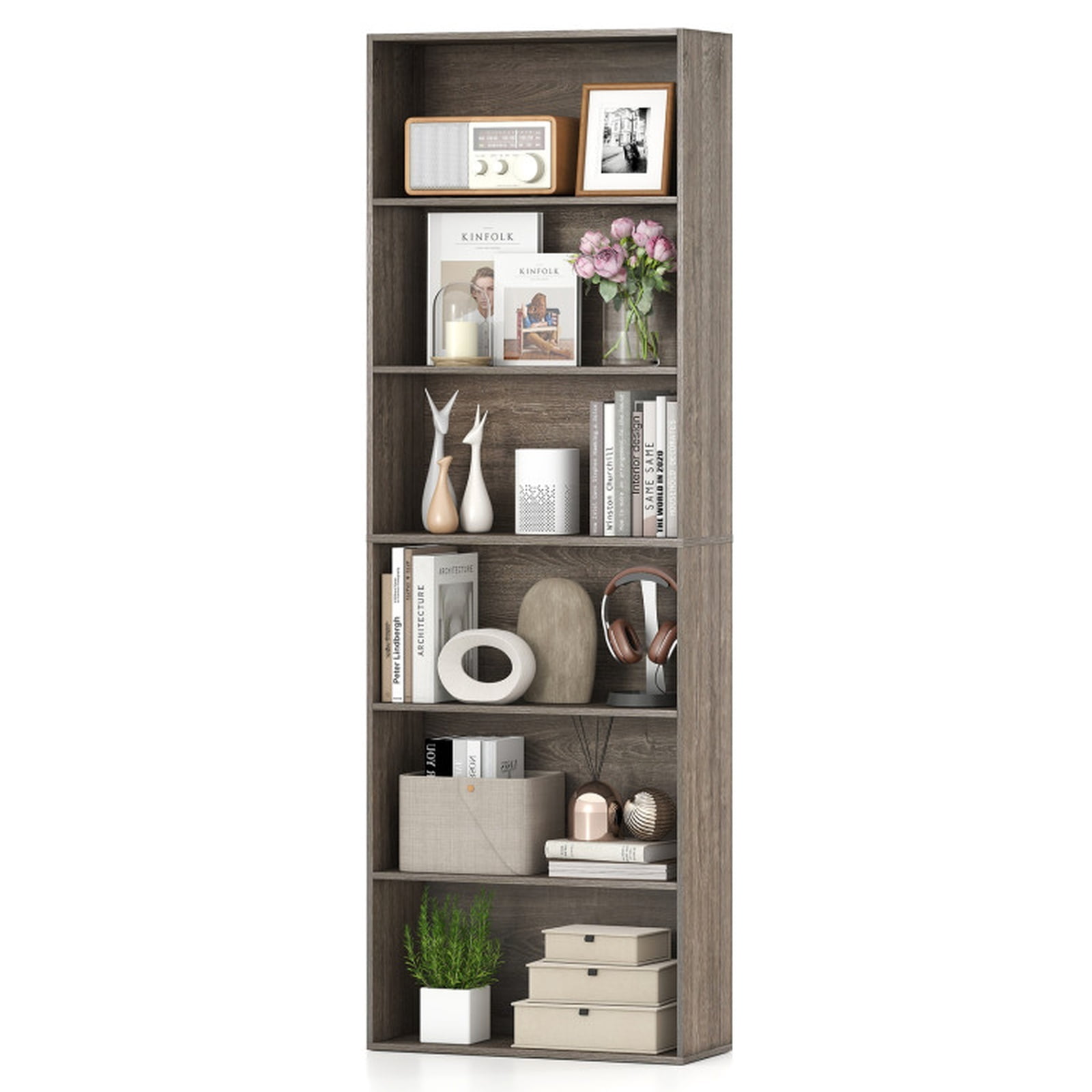 Furnibear 6-Tier Tall Bookcase with 6 Open Shelves and Anti-Toppling Kits Freestanding Wood Storage for Living Room Study and Office, Gray