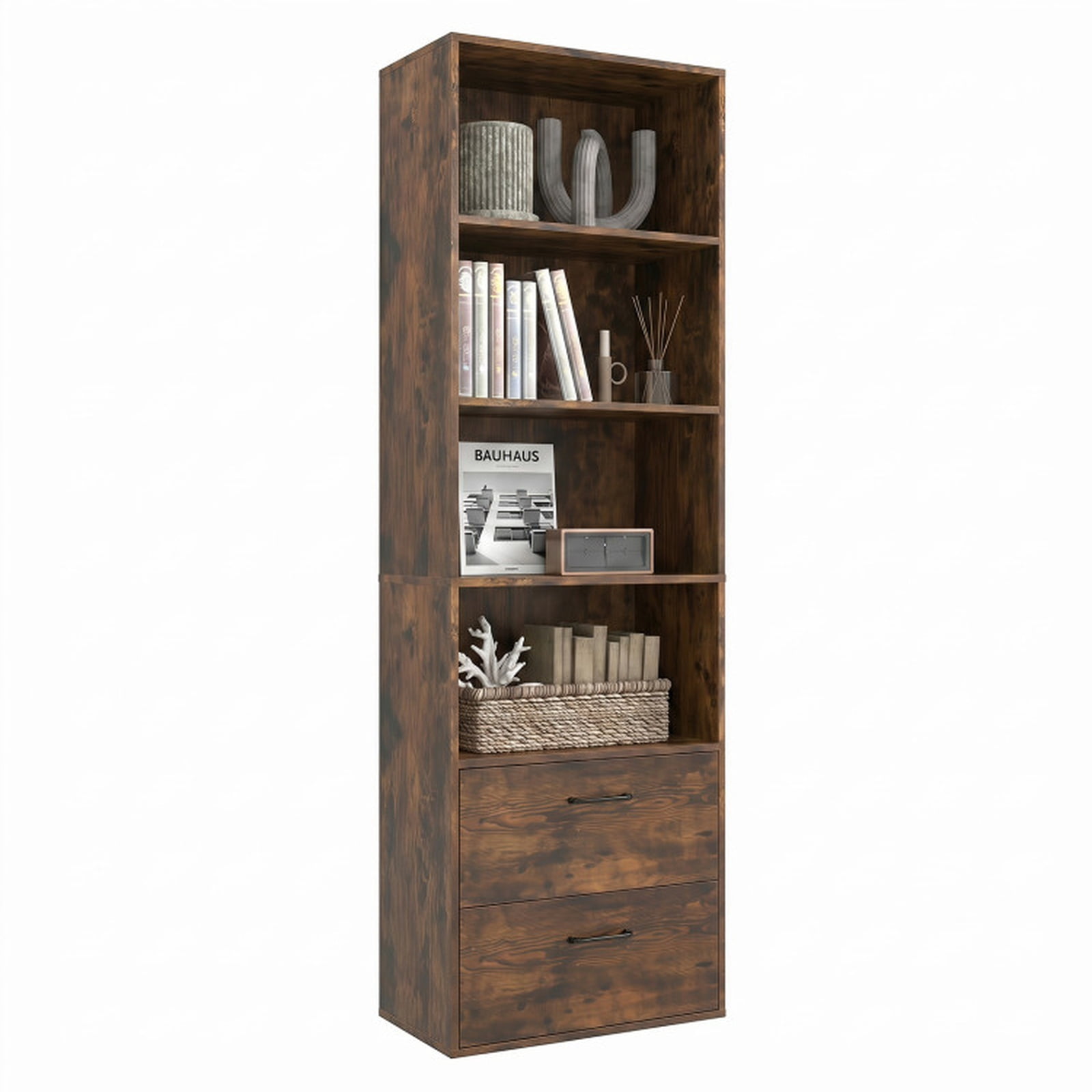 Furnibear 6-Tier Tall Freestanding Bookshelf with 4 Open Shelves and 2 Drawers for Home Office Living Room and Study, Rustic Brown