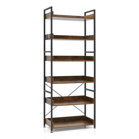 Furnibear 6-Tier Tall Industrial Bookcase with Open Shelves and 4 Hooks Rustic Brown, 27" x 13.5" x 70"