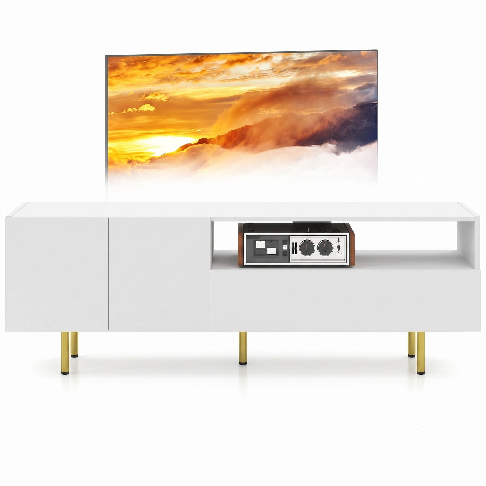 Furnibear 60 inch TV Stand for TVs up to 70 Inch with Storage Cabinet, Adjustable Shelf and Raised Metal Legs, Modern Entertainment Center Media Console for, White