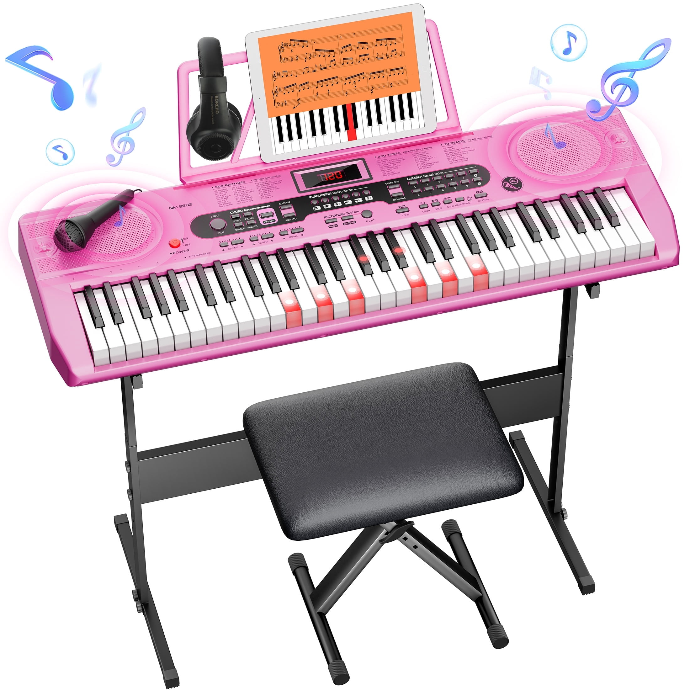 Fenbeli 61-Key Piano Keyboard with Lighted Keys, Stand, Bench