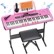 Redsmile 61-Key Piano Keyboard with Lighted Keys, Stand, Bench, Microphone, Headphone, Electronic Keyboard Piano Set, Pink