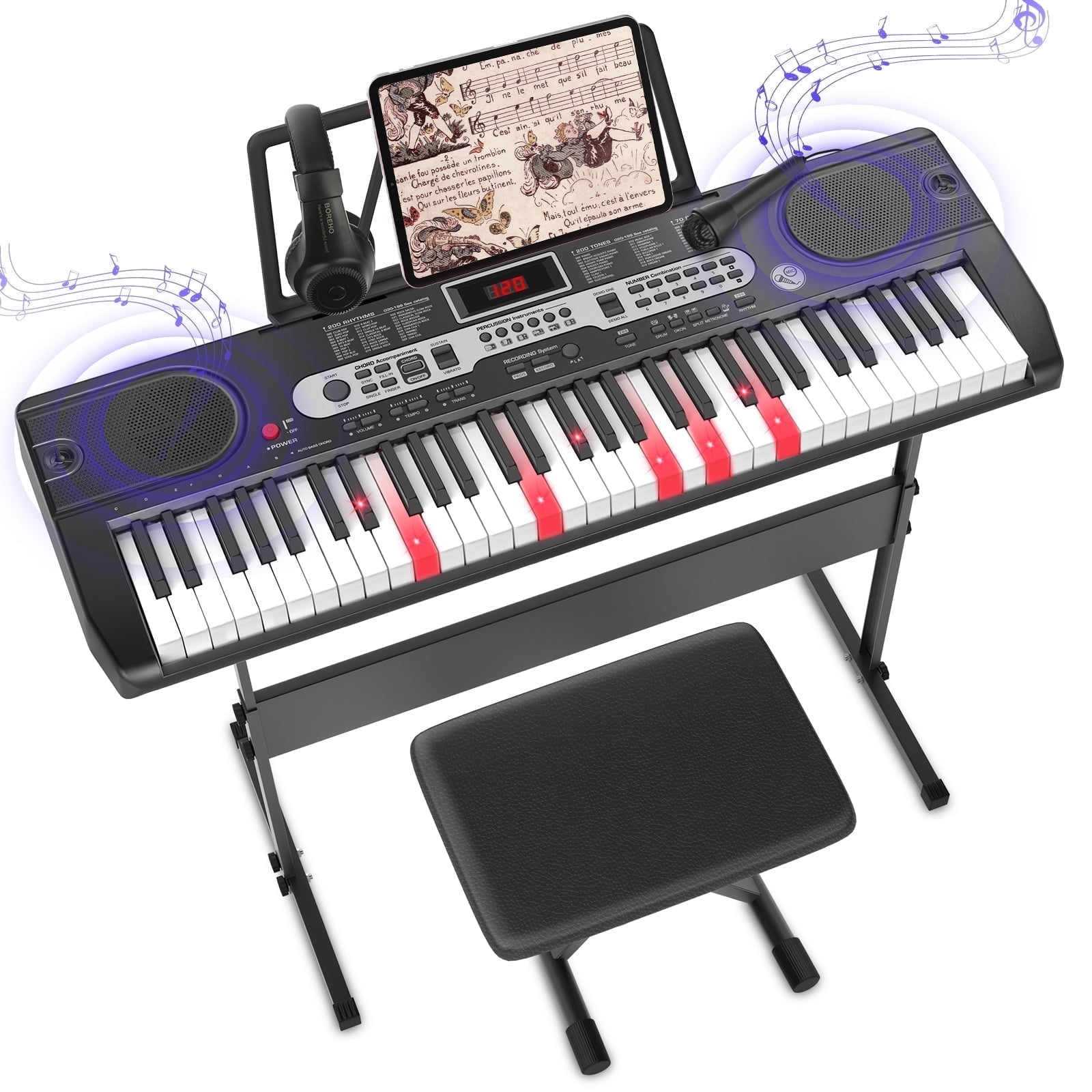 Furnibear 61 Key Piano Keyboard with Lighted Keys Stand Bench
