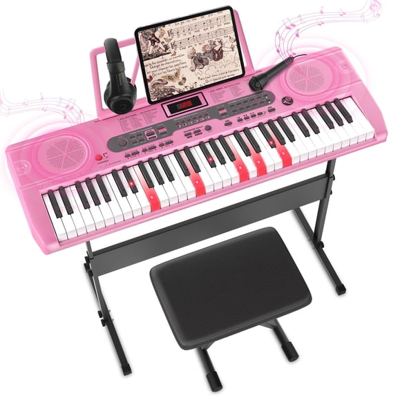 Redsmile 61 Key Piano Keyboard with Lighted Keys Stand Bench Microphone Headphone and Built-in Speakers for Beginners, Pink