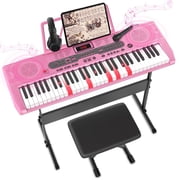 Redsmile 61 Key Piano Keyboard with Lighted Keys Stand Bench Microphone Headphone and Built-in Speakers for Beginners, Pink