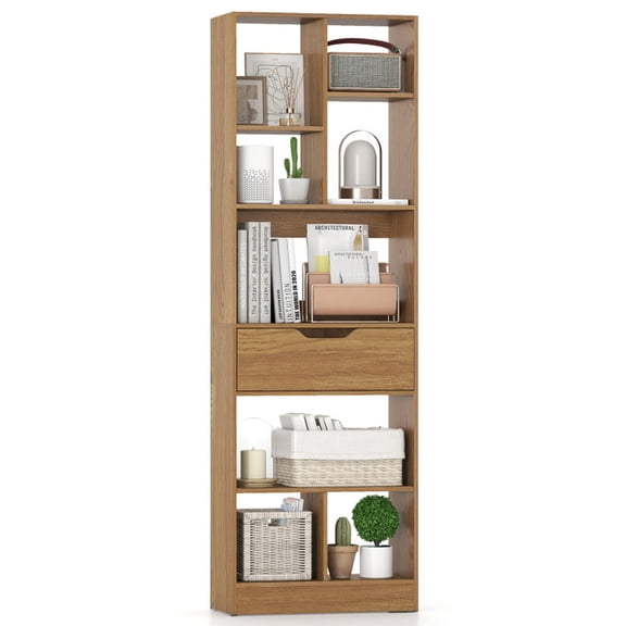 Furnibear 61inch Tall Freestanding Bookcase with Drawer 8-Cube Storage Organizer Natural, 20" x 9.5" x 61"